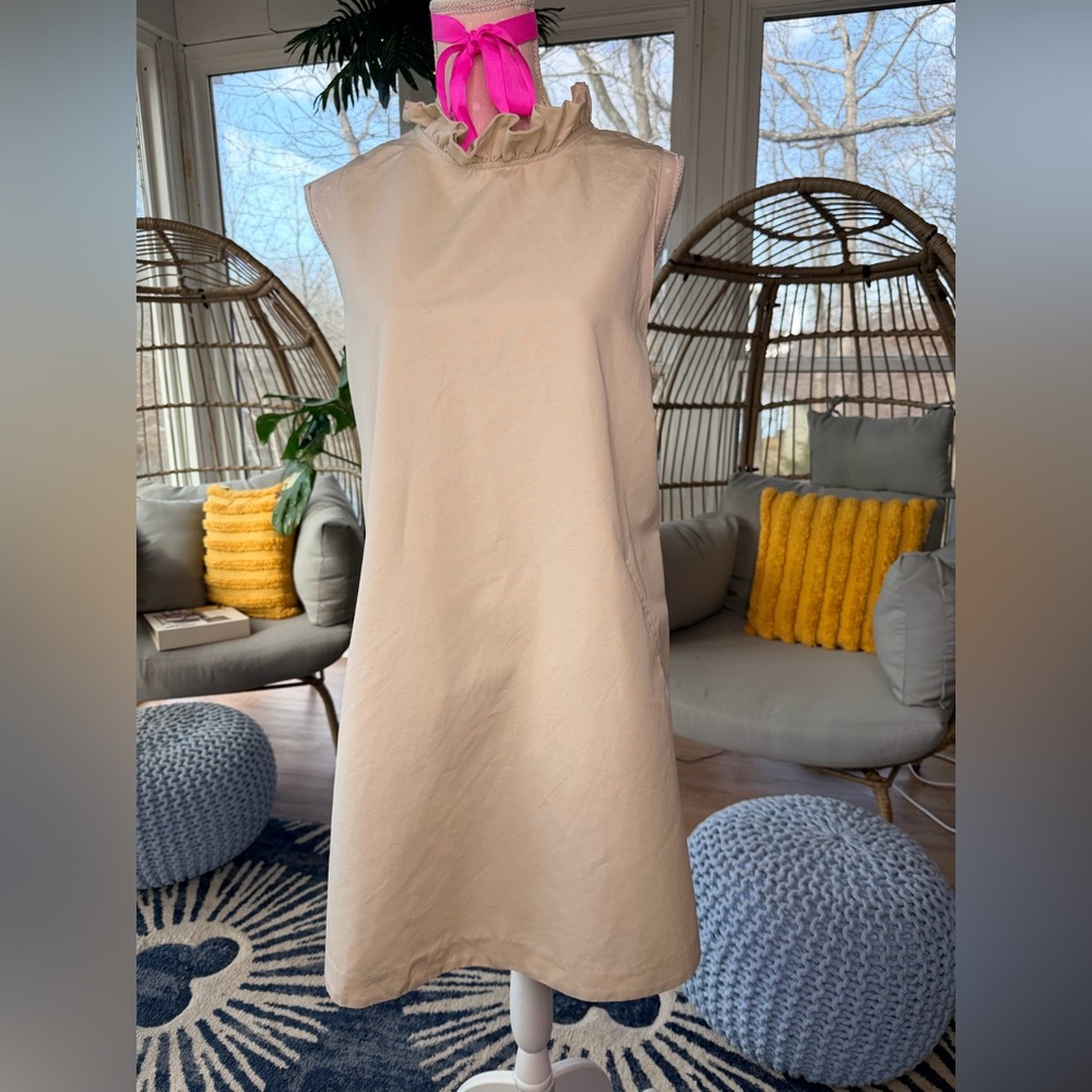 Tyler Boe Ruffle Bow Neck Linen Dress Beige Size XL - Picture 7 of 8